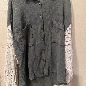 Boho Button-Down Shirt with Contrast Crochet Sleeves - Sage & Cream